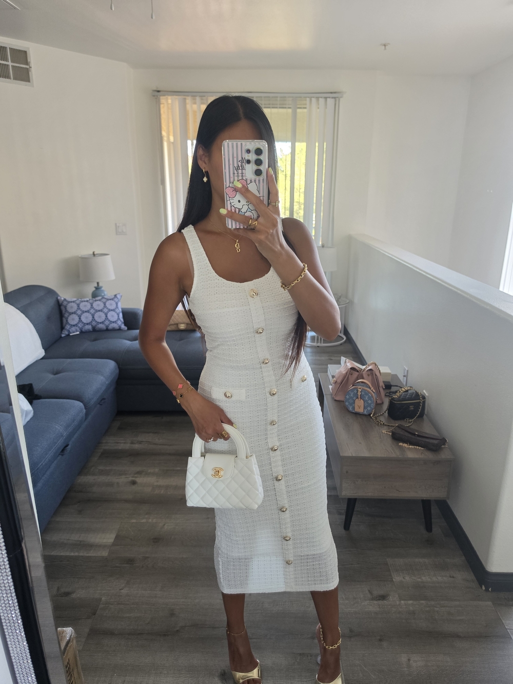 Classic White Button-Front Tweed Midi Dress - Picture 16 of 16